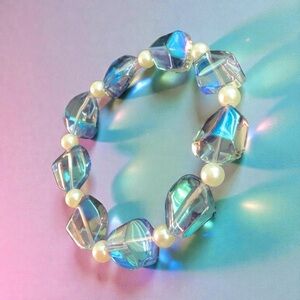 Blue Iridescent Sculpted Beads With Faux Pearl Spacers